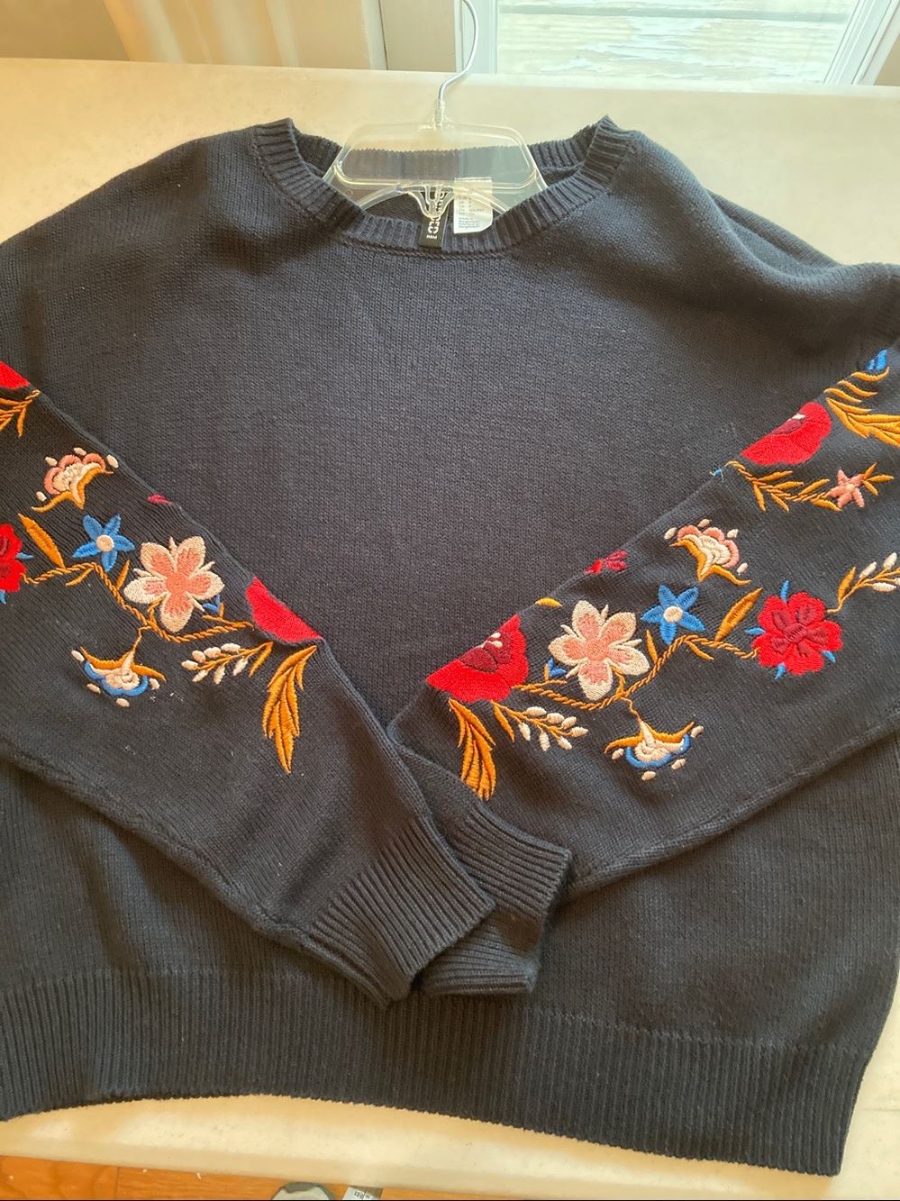 Embroidered Floral Sleeve Black Crewneck Sweater - Picture 8 of 8
